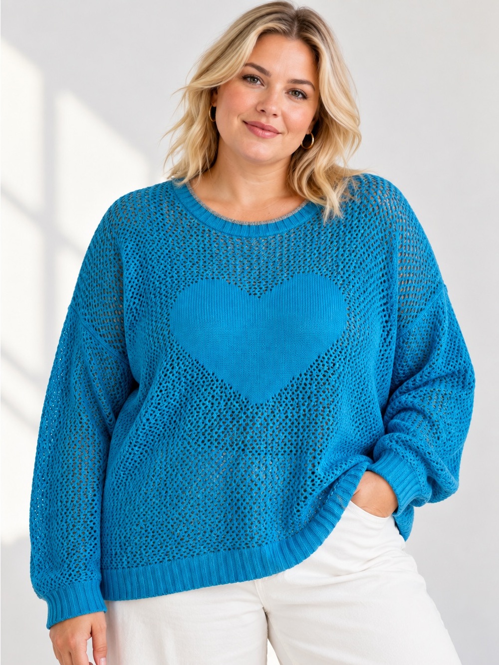 Lisa Todd Open For Love 100% Cashmere Heart Open Knit Sweater Blue 2X